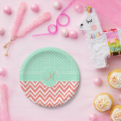 Monogram Coral Zickzack mit Mint Polka Dot Muster Pappteller (Party)