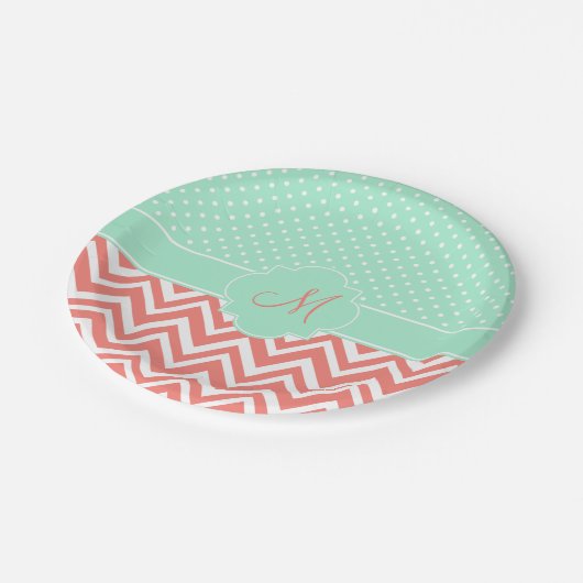 Monogram Coral Zickzack mit Mint Polka Dot Muster Pappteller (Schrägansicht)