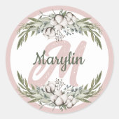 Monogram Cotton Blume Foliage Minimale Konstruktio Runder Aufkleber (Vorderseite)