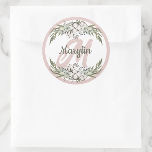 Monogram Cotton Blume Foliage Minimale Konstruktio Runder Aufkleber (Tasche)