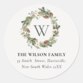Monogram Cotton Pine Cone Weihnachtskronadresse Runder Aufkleber (Vorderseite)