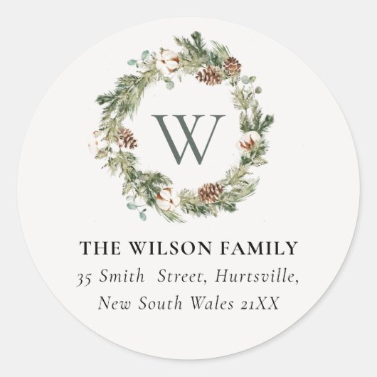 Monogram Cotton Pine Cone Weihnachtskronadresse Runder Aufkleber (Vorderseite)