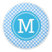 Monogram Country Chic Baby Blue Gingham Keramikknauf (Vorderseite)