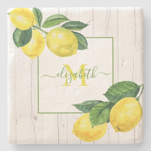 Monogram Country lemons Aquarell auf rustikalem Ho Steinuntersetzer (Vorderseite)