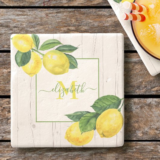 Monogram Country lemons Aquarell auf rustikalem Ho Steinuntersetzer