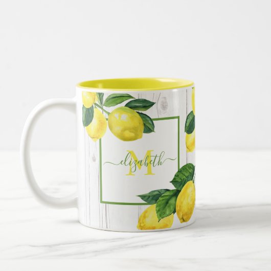 Monogram Country lemons Aquarell auf rustikalem Ho Zweifarbige Tasse (Links)
