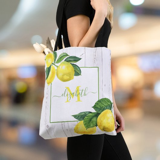 Monogram Country lemons watercolor rustikales Holz Tasche