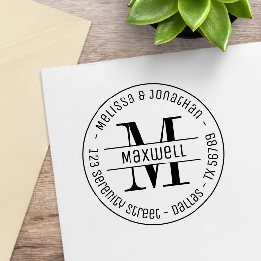 Monogram Couple Family Round Address 2 Gummistempel