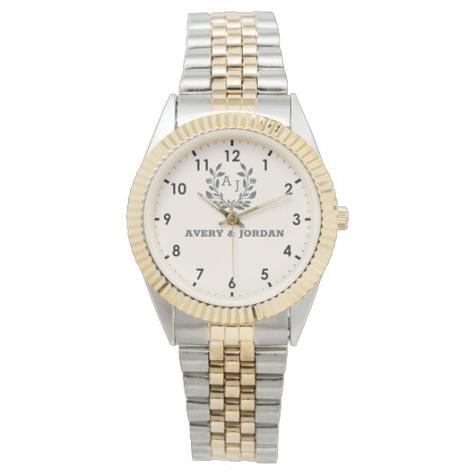 Monogram Couple Names Watch Elegant Pink Armbanduhr (Vorderseite)