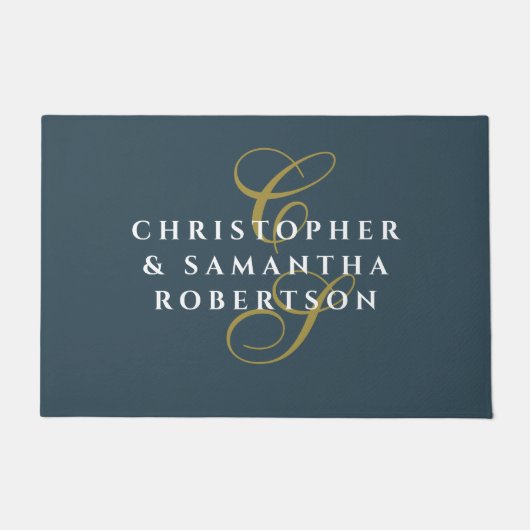 Monogram Couple Teal Blue Gold White Minimalist Fußmatte (Vorderseite)