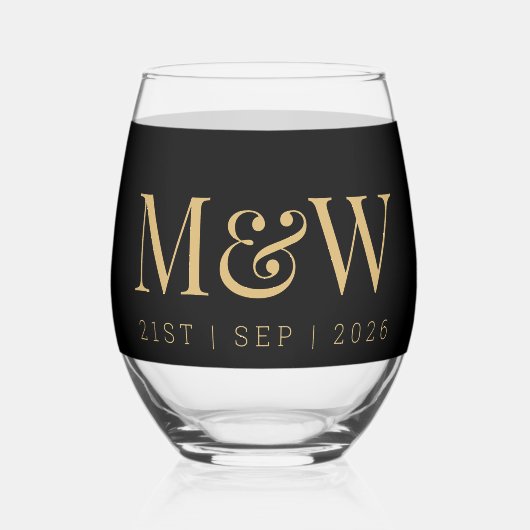 Monogram Couple's Modern Gold Black Wedding Weinglas Ohne Stiel (Vorderseite)