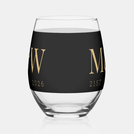 Monogram Couple's Modern Gold Black Wedding Weinglas Ohne Stiel (Links)