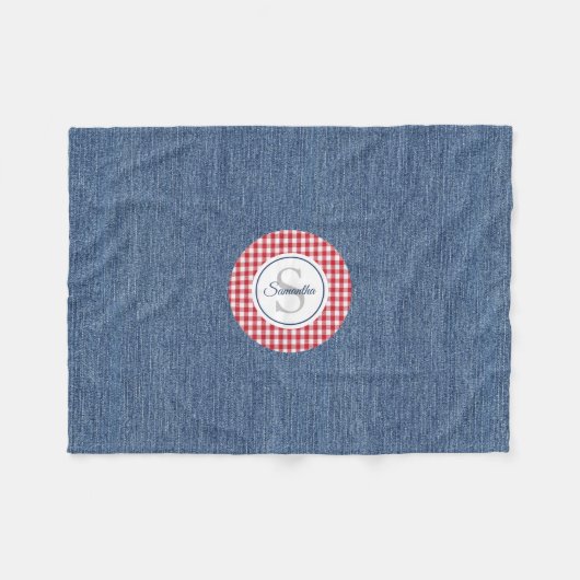 Monogram, Cozy Blue Denim & Red Karo Print Fleecedecke (Vorderseite (Horizontal))