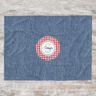 Monogram, Cozy Blue Denim & Red Karo Print Fleecedecke