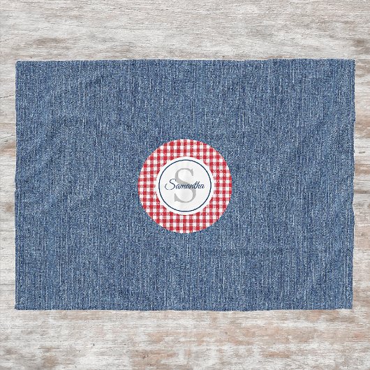 Monogram, Cozy Blue Denim & Red Karo Print Fleecedecke