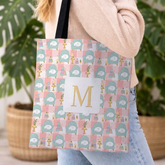 Monogram Cozy Cat & Book Tote Bag Girly Pink Tasche