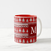 Monogram - Cranberry Red + White Nordic Fire Trees Zweifarbige Tasse (VorderseiteRechts)