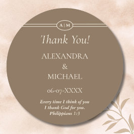 Monogram Cream Brown Christian Wedding Thank You Runder Aufkleber