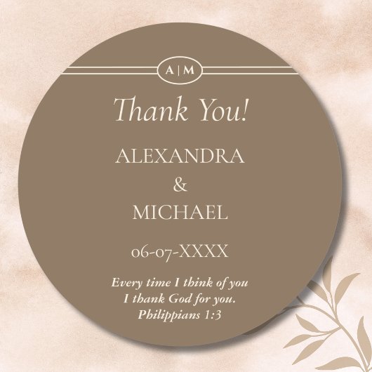 Monogram Cream Brown Christian Wedding Thank You Runder Aufkleber