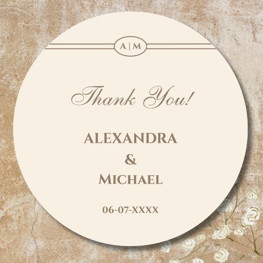 Monogram Cream Taupe Wedding Danke Runder Aufkleber