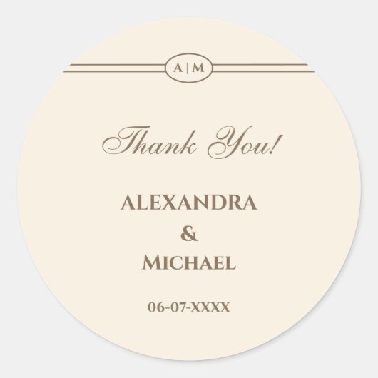 Monogram Cream Taupe Wedding Danke Runder Aufkleber (Vorderseite)