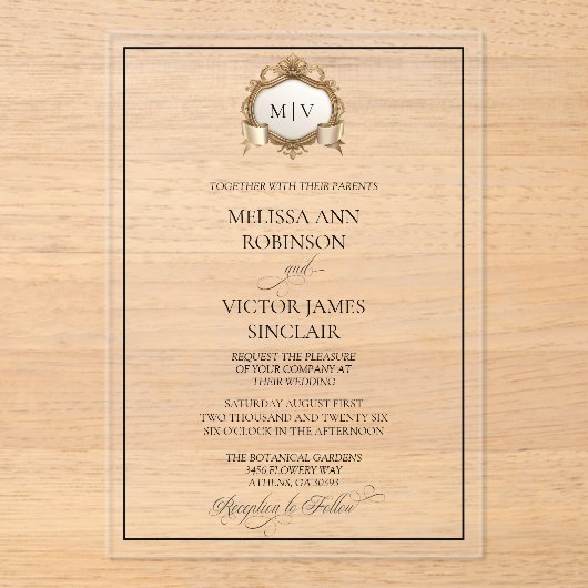 Monogram Crest Acrylic Wedding Invitation Acryleinladungen (Vorderseite)