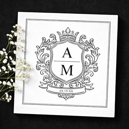 Monogram Crest Black and White Paper Wedding Serviette