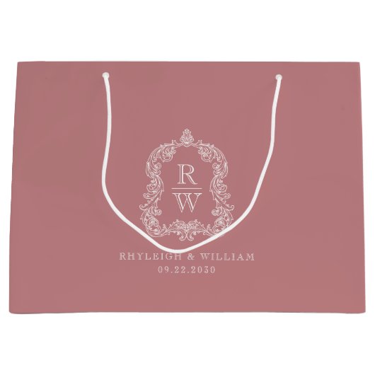 Monogram Crest Dusty Rose Wedding Große Geschenktüte (Vorderseite)