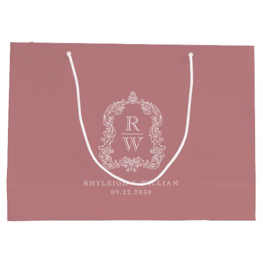 Monogram Crest Dusty Rose Wedding Große Geschenktüte (Rückseite)