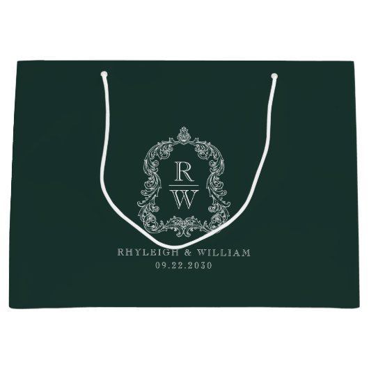 Monogram Crest Forest Green Wedding Große Geschenktüte (Vorderseite)