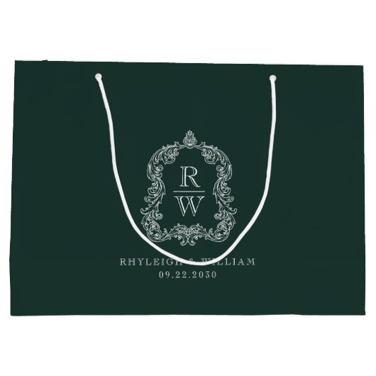 Monogram Crest Forest Green Wedding Große Geschenktüte (Rückseite)