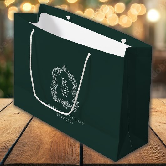 Monogram Crest Forest Green Wedding Große Geschenktüte