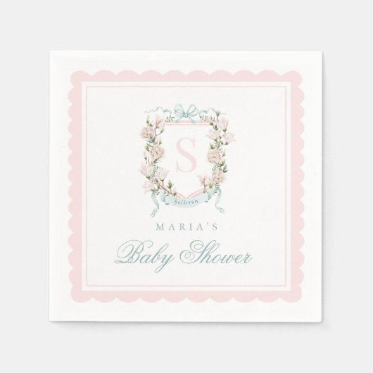 Monogram Crest Pink Bow Scallop Serviette (Vorderseite)