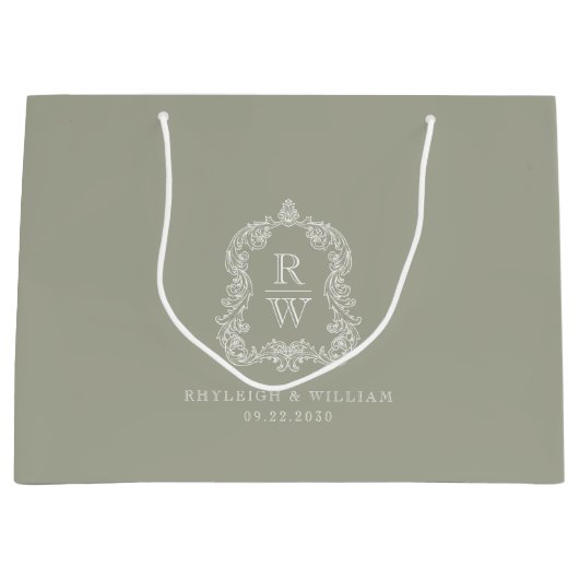 Monogram Crest Sage Green Wedding Große Geschenktüte (Vorderseite)