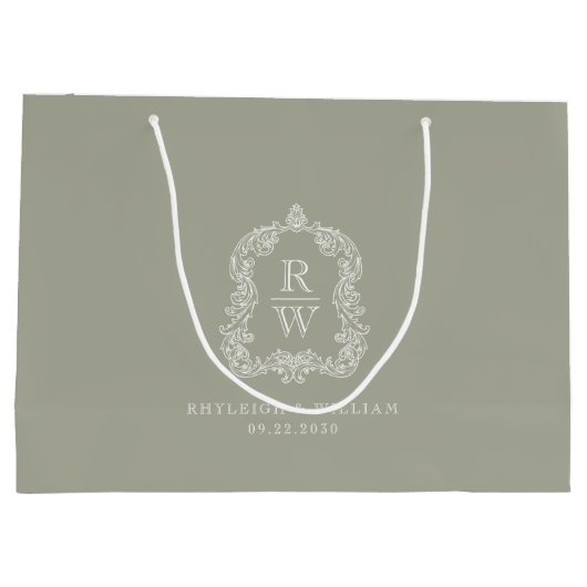 Monogram Crest Sage Green Wedding Große Geschenktüte (Rückseite)