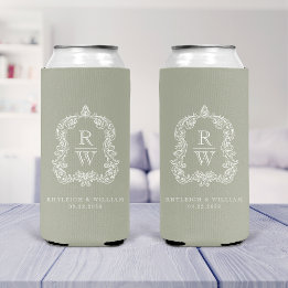 Monogram Crest Sage Green Wedding Selters Dosenkühler