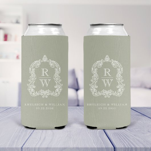 Monogram Crest Sage Green Wedding Selters Dosenkühler