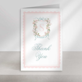 Monogram Crest Thank You Card Pink Bow Scallop Dankeskarte