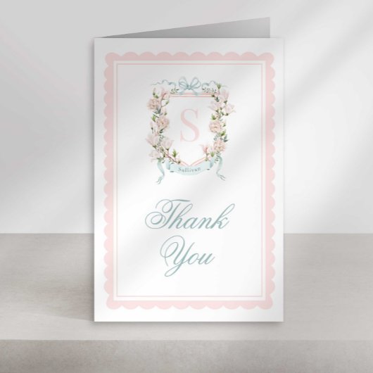 Monogram Crest Thank You Card Pink Bow Scallop Dankeskarte