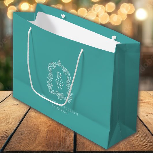 Monogram Crest Turquoise Wedding Große Geschenktüte