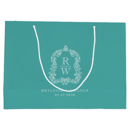 Monogram Crest Turquoise Wedding Große Geschenktüte (Rückseite)