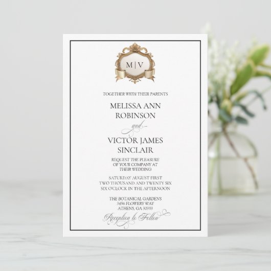 Monogram Crest Wedding Invitation Einladung (Stehend Vorderseite)