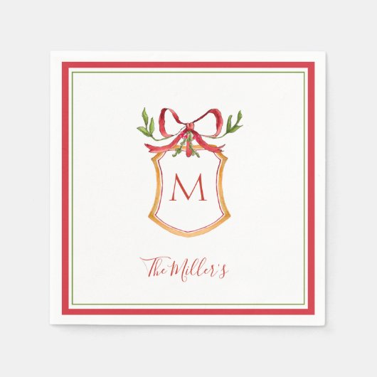 Monogram Crest with red bow Holiday  Serviette (Vorderseite)