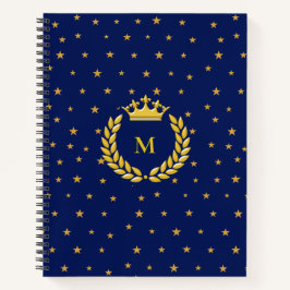 Monogram, Crown, Laurel & Gold Sterne auf Navy Blu Notizblock