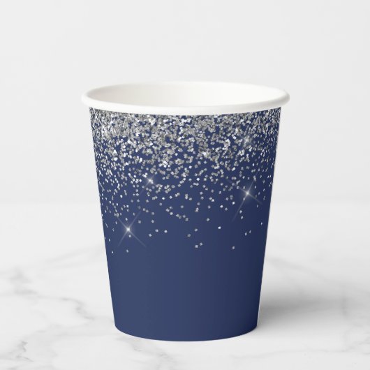 Monogram-Cups für Navy Blue Silver Glitzer Pappbecher (Rückseite)
