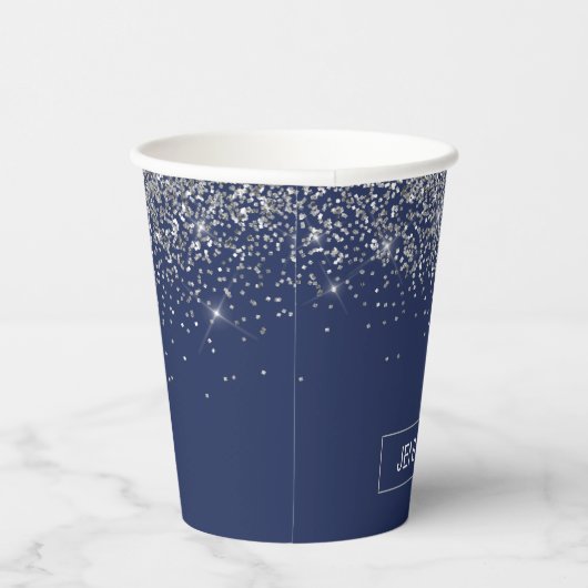 Monogram-Cups für Navy Blue Silver Glitzer Pappbecher (Rechts)