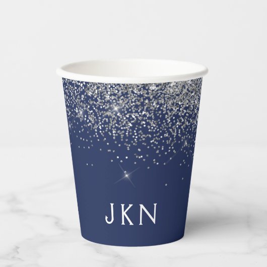 Monogram-Cups für Navy Blue Silver Glitzer Pappbecher (Vorderseite)