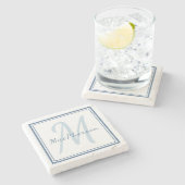 Monogram Custom Blue Text Marble Stone Untersetzer (Seitenansicht)