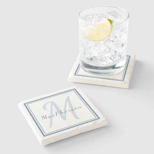 Monogram Custom Blue Text Marble Stone Untersetzer (Seitenansicht)