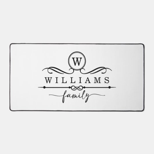 Monogram Custom Family Name Black Script Schreibtischunterlage (Vorderseite)